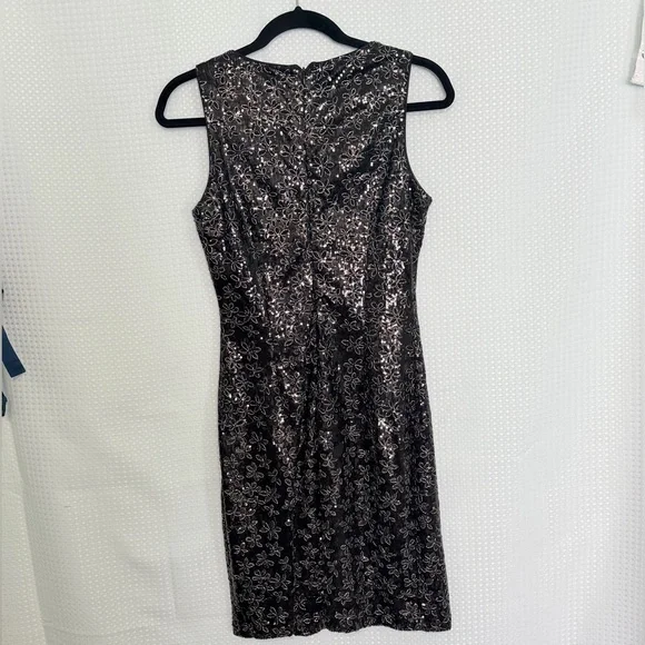 Badgley Mischka Black Silver Sequin Floral Lace Cocktail Dress Size 4 Sleeveless - Picture 3 of 10